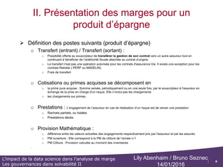 6
L’impact de la data science dans l’analyse de marge
Les gouvernances dans solvabilité II
Lily Abenhaim / Bruno Seznec
14/01/2016
II. Présentation des marges pour un
produit d’épargne
 Le résultat technique pour un produit d’épargne contient les postes suivants :
 Transfert (entrant) / Transfert (sortant)
 Arbitrage (entrant) / Arbitrage (sortant)
 Cotisations ou prime pure
 Prestations : Rachats partiels, ou totales
 Capitaux constitutifs
 Provision Mathématique ouverture
 Provision Mathématique clôture
 Participation aux bénéfices
 Rémunération au taux minimum Garanti
Résultat technique
 