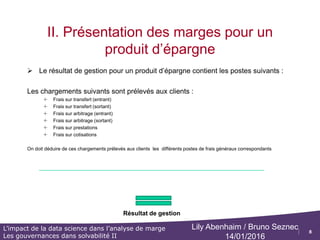8
L’impact de la data science dans l’analyse de marge
Les gouvernances dans solvabilité II
Lily Abenhaim / Bruno Seznec
14/01/2016
II. Présentation des marges pour un
produit d’épargne
 Définition des postes suivants (produit d’épargne)
o Arbitrage la possibilité de modifier la ventilation de vos unités de compte au sein d’un même contrat d’assurance vie
comme vous le souhaitez. L’arbitrage vous offre une grande souplesse dans la gestion de vos unités de compte et vous
permet de modifier quand vous le souhaitez votre épargne ou de le répartir sur plusieurs supports.
o Participation aux bénéfices : Il s’agit de la rémunération accordée par l’assureur au contrat en
complément de celle calculée au taux technique
o Rémunération au Taux minimum Garanti : Il s’agit d’un taux d’intérêt servant à la tarification ou
au provisionnement des contrats d’assurance vie
 