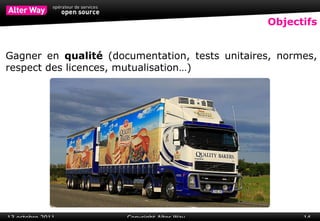 Objectifs Gagner en  qualité  (documentation, tests unitaires, normes, respect des licences, mutualisation…)  