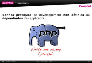 Constat Bonnes pratiques  de développement  non définies  ou  dépendantes  des applicatifs 