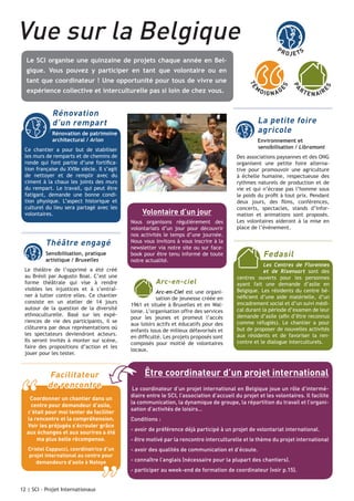 Vue sur la Belgique

PR

Le SCI organise une quinzaine de projets chaque année en Bel-

OJE TS

Rénovation
d’un rempart

Théâtre engagé
Sensibilisation, pratique
artistique / Bruxelles
Le théâtre de l’opprimé a été créé
au Brésil par Augusto Boal. C’est une
forme théâtrale qui vise à rendre
visibles les injustices et à s’entraîner à lutter contre elles. Ce chantier
consiste en un atelier de 14 jours
autour de la question de la diversité
ethnoculturelle. Basé sur les expériences de vie des participants, il se
clôturera par deux représentations où
les spectateurs deviendront acteurs.
Ils seront invités à monter sur scène,
faire des propositions d’action et les
jouer pour les tester.

“

Facilitateur
de rencontre

Coordonner un chantier dans un
centre pour demandeur d’asile,
c’était pour moi tenter de faciliter
la rencontre et la compréhension.
Voir les préjugés s’écrouler grâce
aux échanges et aux sourires a été
ma plus belle récompense.
Cristel Cappucci, coordinatrice d’un
projet international au centre pour
demandeurs d’asile à Natoye

12 | SCI - Projet Internationaux

”

S

RT

E N AI R

La petite foire
agricole

Rénovation de patrimoine
architectural / Arlon
Ce chantier a pour but de stabiliser
les murs de remparts et de chemins de
ronde qui font partie d’une fortification française du XVIIe siècle. Il s’agit
de nettoyer et de remplir avec du
ciment à la chaux les joints des murs
du rempart. Le travail, qui peut être
fatigant, demande une bonne condition physique. L’aspect historique et
culturel du lieu sera partagé avec les
volontaires.

O IG N A G

E

M

expérience collective et interculturelle pas si loin de chez vous.

PA

TÉ

tant que coordinateur ! Une opportunité pour tous de vivre une

ES

gique. Vous pouvez y participer en tant que volontaire ou en

	

Volontaire d’un jour
Nous organisons régulièrement des
volontariats d’un jour pour découvrir
nos activités le temps d’une journée.
Nous vous invitons à vous inscrire à la
newsletter via notre site ou sur facebook pour être tenu informé de toute
notre actualité.

Arc-en-ciel
Arc-en-Ciel est une organisation de jeunesse créée en
1961 et située à Bruxelles et en Wallonie. L’organisation offre des services
pour les jeunes et promeut l’accès
aux loisirs actifs et éducatifs pour des
enfants issus de milieux défavorisés et
en difficulté. Les projets proposés sont
composés pour moitié de volontaires
locaux.

Environnement et
sensibilisation / Libramont

Des associations paysannes et des ONG
organisent une petite foire alternative pour promouvoir une agriculture
à échelle humaine, respectueuse des
rythmes naturels de production et de
vie et qui n’écrase pas l’homme sous
le poids du profit à tout prix. Pendant
deux jours, des films, conférences,
concerts, spectacles, stands d’information et animations sont proposés.
Les volontaires aideront à la mise en
place de l’évènement.

Fedasil
Les Centres de Florennes
et de Rixensart sont des
centres ouverts pour les personnes
ayant fait une demande d’asile en
Belgique. Les résidents du centre bénéficient d’une aide matérielle, d’un
encadrement social et d’un suivi médical durant la période d’examen de leur
demande d’asile (afin d’être reconnus
comme réfugiés). Le chantier a pour
but de proposer de nouvelles activités
aux résidents et de favoriser la rencontre et le dialogue interculturels.

Être coordinateur d’un projet international
Le coordinateur d’un projet international en Belgique joue un rôle d’intermédiaire entre le SCI, l’association d’accueil du projet et les volontaires. Il facilite
la communication, la dynamique de groupe, la répartition du travail et l’organisation d’activités de loisirs…
Conditions :
- avoir de préférence déjà participé à un projet de volontariat international.
- être motivé par la rencontre interculturelle et le thème du projet international
- avoir des qualités de communication et d’écoute.
- connaître l’anglais (nécessaire pour la plupart des chantiers).
- participer au week-end de formation de coordinateur (voir p.15).

 