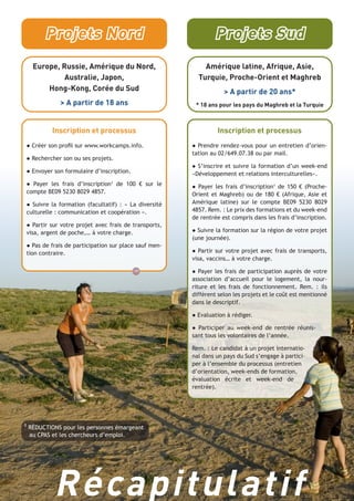 Projets Nord

Projets Sud

Europe, Russie, Amérique du Nord,
Australie, Japon,
Hong-Kong, Corée du Sud

Amérique latine, Afrique, Asie,
Turquie, Proche-Orient et Maghreb
> A partir de 20 ans*

> A partir de 18 ans

* 18 ans pour les pays du Maghreb et la Turquie

Inscription et processus

Inscription et processus

● Créer son profil sur www.workcamps.info.
● Rechercher son ou ses projets.
● Envoyer son formulaire d’inscription.
● Payer les frais d’inscription1 de 100 € sur le
compte BE09 5230 8029 4857.
● Suivre la formation (facultatif) : « La diversité
culturelle : communication et coopération ».
● Partir sur votre projet avec frais de transports,
visa, argent de poche,… à votre charge.
● Pas de frais de participation sur place sauf mention contraire.

● Prendre rendez-vous pour un entretien d’orientation au 02/649.07.38 ou par mail.
● S’inscrire et suivre la formation d’un week-end
«Développement et relations interculturelles».
● Payer les frais d’inscription1 de 150 € (ProcheOrient et Maghreb) ou de 180 € (Afrique, Asie et
Amérique latine) sur le compte BE09 5230 8029
4857. Rem. : Le prix des formations et du week-end
de rentrée est compris dans les frais d’inscription.
● Suivre la formation sur la région de votre projet
(une journée).
● Partir sur votre projet avec frais de transports,
visa, vaccins… à votre charge.
● Payer les frais de participation auprès de votre
association d’accueil pour le logement, la nourriture et les frais de fonctionnement. Rem. : ils
diffèrent selon les projets et le coût est mentionné
dans le descriptif.
● Evaluation à rédiger.
● Participer au week-end de rentrée réunissant tous les volontaires de l’année.
Rem. : Le candidat à un projet international dans un pays du Sud s’engage à participer à l’ensemble du processus (entretien
d’orientation, week-ends de formation,
évaluation écrite et week-end de
rentrée).

1

RÉDUCTIONS pour les personnes émargeant
au CPAS et les chercheurs d’emploi.

Récapitulatif

SCI - Projets Internationaux | 13

 