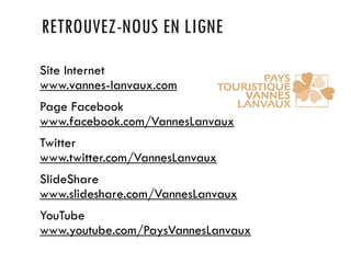 RETROUVEZ-NOUS EN LIGNE
Site Internet
www.vannes-lanvaux.com
Page Facebook
www.facebook.com/VannesLanvaux
Twitter
www.twitter.com/VannesLanvaux
SlideShare
www.slideshare.com/VannesLanvaux
YouTube
www.youtube.com/PaysVannesLanvaux
 