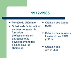 1972-1985 Montée du chômage  Scission de la formation en deux courants : la formation professionnelle en entreprise et le développement des actions pour les chômeurs Création des stages Barre Création des missions locales et des PAIO (1981) Création des APP(1985) 