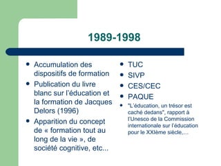 1989-1998 Accumulation des dispositifs de formation Publication du livre blanc sur l’éducation et la formation de Jacques Delors (1996) Apparition du concept de « formation tout au long de la vie », de société cognitive, etc... TUC SIVP CES/CEC PAQUE "L’éducation, un trésor est caché dedans", rapport à l’Unesco de la Commission internationale sur l’éducation pour le XXIème siècle,… 