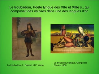Le troubadour, Poète lyrique des XIIe et XIIIe s., qui
composait des œuvres dans une des langues d'oc
Le troubadour, L. Robert, XIX° siècle
Le troubadour fatigué, Giorgio De
Chirico 1950
 