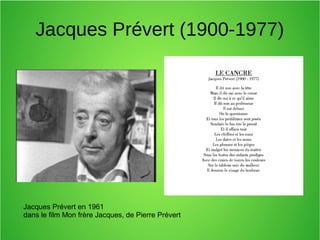 Jacques Prévert (1900-1977)
Jacques Prévert en 1961
dans le film Mon frère Jacques, de Pierre Prévert
 