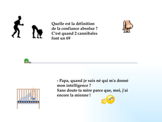Quelle est la définition de la confiance absolue ? C'est quand 2 cannibales font un 69   - Papa, quand je suis né qui m'a donné mon intelligence ? Sans doute ta mère parce que, moi, j'ai encore la mienne !   