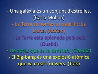 - Una galàxia és un conjunt d’estrelles.
(Carla Molina)
- La Terra té només un satel·lit: La
Lluna. (Adrian)
- La Terra esta aplanada pels pols
(Oualid)
- He aprés que és la densitat. (Claudia)
- El Big-bang és una explosió atòmica
que va crear l’univers. (Tots)

 