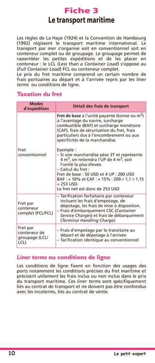 10 Le petit export
Fiche 3
Le transport maritime
Les règles de La Haye (1924) et la Convention de Hambourg
(1992) régissent le transport maritime international. Le
transport par mer s’organise soit en conventionnel soit en
conteneur complet ou de groupage. Le groupage permet de
rassembler les petites expéditions et de les placer en
conteneur : le LCL (Less than a Container Load) s’oppose au
(Full Container Load) FCL ou conteneur complet.
Le prix du fret maritime comprend un certain nombre de
frais portuaires au départ et à l’arrivée repris par les liner
terms ou conditions de ligne.
Taxation du fret
Liner terms ou conditions de ligne
Les conditions de ligne ﬁxent en fonction des usages des
ports notamment les conditions précises du fret maritime et
précisent utilement les frais inclus ou non inclus dans le prix
du transport maritime. Ces liner terms sont spéciﬁquement
liés au contrat de transport et ne doivent pas être confondus
avec les incoterms, liés au contrat de vente.
Modes
d’expédition
Détail des frais de transport
Fret
conventionnel
Fret de base à l’unité payante (tonne ou m3
)
à l’avantage du navire, surcharge
combustible (BAF) et surcharge monétaire
(CAF), frais de sécurisation du fret, frais
particuliers dus à l’encombrement ou aux
spéciﬁcités de la marchandise.
Exemple :
– Si une marchandise pèse 3T et représente
4 m3, on retiendra l’UP de 4 m3
, soit
l’unité la plus élevée.
– Calcul du fret :
Fret de base : 50 USD et 4 UP : 200 USD
BAF : + 10% et CAF : + 15% : 200 × 1,1 × 1,15
= 253 USD.
Le fret net est donc de 253 USD
Fret par
conteneur
complet (FCL/FCL)
– Tariﬁcation forfaitaire par conteneur
incluant les frais d’empotage, de
dépotage, les frais de mise à disposition.
– Frais d’embarquement CSC (Container
Service Charges) et frais de débarquement
(Terminal Handling Charge)
Fret par
conteneur de
groupage (LCL/
LCL)
– Frais d’empotage par le transitaire au
départ et de dépotage à l’arrivée
– Tariﬁcation identique au conventionnel
 