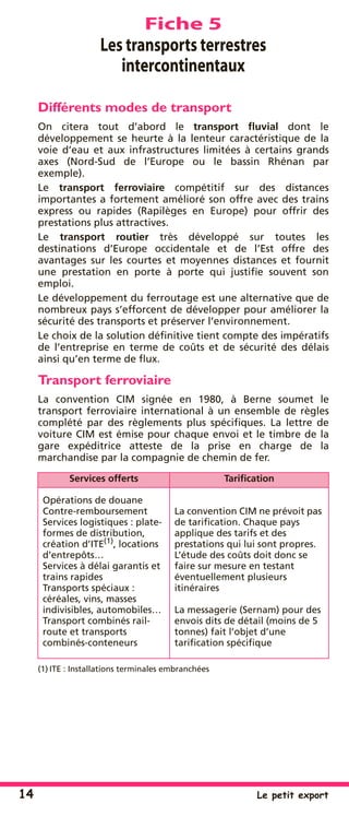 14 Le petit export
Fiche 5
Les transports terrestres
intercontinentaux
Différents modes de transport
On citera tout d’abord le transport ﬂuvial dont le
développement se heurte à la lenteur caractéristique de la
voie d’eau et aux infrastructures limitées à certains grands
axes (Nord-Sud de l’Europe ou le bassin Rhénan par
exemple).
Le transport ferroviaire compétitif sur des distances
importantes a fortement amélioré son offre avec des trains
express ou rapides (Rapilèges en Europe) pour offrir des
prestations plus attractives.
Le transport routier très développé sur toutes les
destinations d’Europe occidentale et de l’Est offre des
avantages sur les courtes et moyennes distances et fournit
une prestation en porte à porte qui justiﬁe souvent son
emploi.
Le développement du ferroutage est une alternative que de
nombreux pays s’efforcent de développer pour améliorer la
sécurité des transports et préserver l’environnement.
Le choix de la solution déﬁnitive tient compte des impératifs
de l’entreprise en terme de coûts et de sécurité des délais
ainsi qu’en terme de ﬂux.
Transport ferroviaire
La convention CIM signée en 1980, à Berne soumet le
transport ferroviaire international à un ensemble de règles
complété par des règlements plus spéciﬁques. La lettre de
voiture CIM est émise pour chaque envoi et le timbre de la
gare expéditrice atteste de la prise en charge de la
marchandise par la compagnie de chemin de fer.
Services offerts Tariﬁcation
Opérations de douane
Contre-remboursement
Services logistiques : plate-
formes de distribution,
création d’ITE(1)
, locations
d’entrepôts…
Services à délai garantis et
trains rapides
Transports spéciaux :
céréales, vins, masses
indivisibles, automobiles…
Transport combinés rail-
route et transports
combinés-conteneurs
(1) ITE : Installations terminales embranchées
La convention CIM ne prévoit pas
de tariﬁcation. Chaque pays
applique des tarifs et des
prestations qui lui sont propres.
L’étude des coûts doit donc se
faire sur mesure en testant
éventuellement plusieurs
itinéraires
La messagerie (Sernam) pour des
envois dits de détail (moins de 5
tonnes) fait l’objet d’une
tariﬁcation spéciﬁque
 