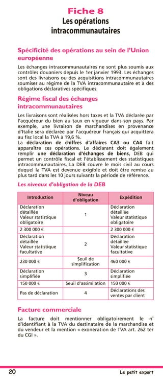 20 Le petit export
Fiche 8
Les opérations
intracommunautaires
Spéciﬁcité des opérations au sein de l’Union
européenne
Les échanges intracommunautaires ne sont plus soumis aux
contrôles douaniers depuis le 1er janvier 1993. Les échanges
sont des livraisons ou des acquisitions intracommunautaires
soumises au régime de la TVA intracommunautaire et à des
obligations déclaratives spéciﬁques.
Régime ﬁscal des échanges
intracommunautaires
Les livraisons sont réalisées hors taxes et la TVA déclarée par
l’acquéreur du bien au taux en vigueur dans son pays. Par
exemple, une livraison de marchandises en provenance
d’Italie sera déclarée par l’acquéreur français qui acquittera
au ﬁsc local la TVA à 19,6 %.
La déclaration de chiffres d’affaires CA3 ou CA4 fait
apparaître ces opérations. Le déclarant doit également
remplir une déclaration d’échanges de biens, DEB qui
permet un contrôle ﬁscal et l’établissement des statistiques
intracommunautaires. La DEB couvre le mois civil au cours
duquel la TVA est devenue exigible et doit être remise au
plus tard dans les 10 jours suivants la période de référence.
Les niveaux d’obligation de la DEB
Facture commerciale
La facture doit mentionner obligatoirement le n˚
d’identiﬁant à la TVA du destinataire de la marchandise et
du vendeur et la mention « exonération de TVA art. 262 ter
du CGI ».
Introduction
Niveau
d’obligation
Expédition
Déclaration
détaillée
Valeur statistique
obligatoire
1
Déclaration
détaillée
Valeur statistique
obligatoire
2 300 000 € 2 300 000 €
Déclaration
détaillée
Valeur statistique
facultative
2
Déclaration
détaillée
Valeur statistique
facultative
230 000 €
Seuil de
simpliﬁcation
460 000 €
Déclaration
simpliﬁée
3
Déclaration
simpliﬁée
150 000 € Seuil d’assimilation 150 000 €
Pas de déclaration 4
Déclarations des
ventes par client
 