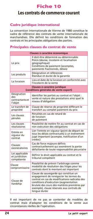 24 Le petit export
Fiche 10
Les contrats de commerce courant
Cadre juridique international
La convention internationale de Vienne de 1980 constitue le
cadre de référence des contrats de vente internationale de
marchandises. Elle déﬁnit les conditions de formation des
contrats et les principales obligations des parties.
Principales clauses du contrat de vente
Il est important de ne pas se contenter de modèles de
contrat mais d’adapter les conditions de la vente aux
circonstances réelles de l’opération.
Clauses à caractère économique
Le prix
Il doit être déterminé ou déterminable
Précis (devise, incoterm et localisation
géographique)
Conditions de paiement (acomptes,
paiements fractionnés, délais)
Les produits
Désignation et références
Étendue et durée de la garantie
La livraison
Lieu et date de la livraison en conformité avec
l’incoterm de la vente
Clauses à caractère juridique
(conditions générales de vente export)
Désignation
des
contractants et
l’objet
Identiﬁer les parties au contrat et l’objet :
vente et nature des prestations ainsi quel le
niveau d’obligation
Le transfert de
propriété
Clause de réserve de propriété différant le
transfert au complet paiement du prix
Les clauses
pénales
Pénalités en cas de retard de
de livraison
de paiement
Les clauses
résolutoires
Possibilité de mettre ﬁn au contrat en cas de
non exécution des obligations
Entrée en
vigueur du
contrat
Lier l’entrée en vigueur (point de départ de
tous les délais contractuels) à un événement
jugé important (acompte, notiﬁcation d’un
credoc)
Clauses
exonératoires
Cas de force majeure déﬁnis
contractuellement qui exonèrent la partie
défaillante de toute responsabilité pécuniaire
Loi applicable
et juridiction
compétente
Déﬁnir le droit applicable au contrat et le
tribunal compétent
Clause
compromissoire
Possibilité de prévoir l’arbitrage comme
modalité de résolution des litiges pour les
contrats dont le montant est important
Clause de
hardship
Clause de sauvegarde qui constitue un
engagement de renégocier les termes du
contrat en cas de modiﬁcations radicales des
conditions d’exécution (augmentation
brutale des cours des matières premières par
exemple), clause réservée aux contrats de
longue durée
 