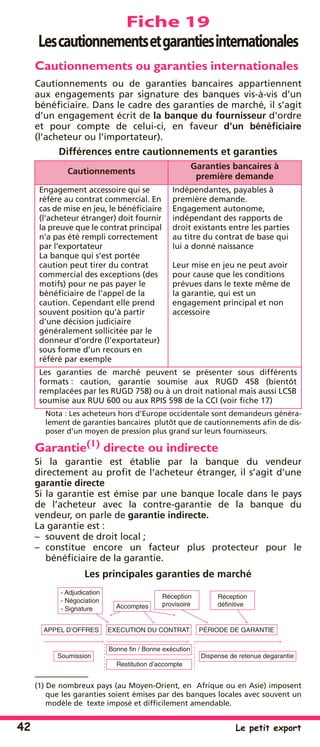 42 Le petit export
Fiche 19
Lescautionnementsetgarantiesinternationales
Cautionnements ou garanties internationales
Cautionnements ou de garanties bancaires appartiennent
aux engagements par signature des banques vis-à-vis d’un
bénéﬁciaire. Dans le cadre des garanties de marché, il s’agit
d’un engagement écrit de la banque du fournisseur d'ordre
et pour compte de celui-ci, en faveur d’un bénéﬁciaire
(l'acheteur ou l’importateur).
Différences entre cautionnements et garanties
Nota : Les acheteurs hors d’Europe occidentale sont demandeurs généra-
lement de garanties bancaires plutôt que de cautionnements aﬁn de dis-
poser d’un moyen de pression plus grand sur leurs fournisseurs.
Garantie(1) directe ou indirecte
Si la garantie est établie par la banque du vendeur
directement au proﬁt de l’acheteur étranger, il s’agit d’une
garantie directe
Si la garantie est émise par une banque locale dans le pays
de l’acheteur avec la contre-garantie de la banque du
vendeur, on parle de garantie indirecte.
La garantie est :
– souvent de droit local ;
– constitue encore un facteur plus protecteur pour le
bénéﬁciaire de la garantie.
Les principales garanties de marché
Cautionnements
Garanties bancaires à
première demande
Engagement accessoire qui se
réfère au contrat commercial. En
cas de mise en jeu, le bénéﬁciaire
(l'acheteur étranger) doit fournir
la preuve que le contrat principal
n'a pas été rempli correctement
par l'exportateur
La banque qui s’est portée
caution peut tirer du contrat
commercial des exceptions (des
motifs) pour ne pas payer le
bénéﬁciaire de l’appel de la
caution. Cependant elle prend
souvent position qu’à partir
d’une décision judiciaire
généralement sollicitée par le
donneur d’ordre (l’exportateur)
sous forme d’un recours en
référé par exemple
Indépendantes, payables à
première demande.
Engagement autonome,
indépendant des rapports de
droit existants entre les parties
au titre du contrat de base qui
lui a donné naissance
Leur mise en jeu ne peut avoir
pour cause que les conditions
prévues dans le texte même de
la garantie, qui est un
engagement principal et non
accessoire
Les garanties de marché peuvent se présenter sous différents
formats : caution, garantie soumise aux RUGD 458 (bientôt
remplacées par les RUGD 758) ou à un droit national mais aussi LCSB
soumise aux RUU 600 ou aux RPIS 598 de la CCI (voir ﬁche 17)
(1) De nombreux pays (au Moyen-Orient, en Afrique ou en Asie) imposent
que les garanties soient émises par des banques locales avec souvent un
modèle de texte imposé et difficilement amendable.
- Adjudication
- Négociation
Réception
provisoireAccomptes
Réception
définitive
- Signature
APPEL D’OFFRES EXECUTION DU CONTRAT PÉRIODE DE GARANTIE
Soumission
Bonne fin / Bonne exécution
Restitution d’accompte
Dispense de retenue degarantie
 