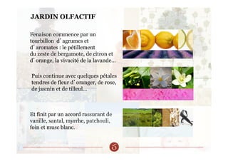 Fenaison commence par un
tourbillon d’agrumes et
d’aromates : le pétillement
du zeste de bergamote, de citron et
d’orange, la vivacité de la lavande…
JARDIN OLFACTIF
Puis continue avec quelques pétales
tendres de fleur d’oranger, de rose,
de jasmin et de tilleul…
Et finit par un accord rassurant de
vanille, santal, myrrhe, patchouli,
foin et musc blanc.
 