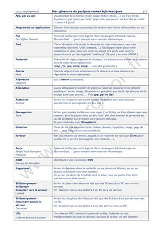 www.rakforgeron.fr Petit glossaire de quelques termes informatiques p 3
Ppp, ppi ou dpi Qualification de la finesse d'une image (fichier photo, …) ou d'un écran.
Exprimé en ppi "point par inch", ppp "point par pouce" ou dpi "dot per inch"
(1 point = 1 pixel).
Programme ou Application Elément informatique permettant de réaliser des tâches déterminées sur un
ordinateur.
Pop
Post Office Protocol
Protocole utilisé par votre logiciel client messagerie (Outlook express,
Thunderbird, …) pour recevoir votre courrier électronique.
Port "Porte" d'entrée et de sortie de données de votre ordinateur, vers une
connexion (Ethernet, USB, Internet, …). Un danger existe pour votre
ordinateur et donc pour son contenu quand des ports sont ouverts
anormalement par des logiciels "malicieux". (Il peut y en avoir 65000 !)
Protocole Ensemble de règles régissant le dialogue, les actions entre différents systèmes
dans le cadre d'une application.
(http, ftp, pop, smtp, imap, … sont des protocoles.)
Racine
Root
Point de départ d'une arborescence de dossiers et sous dossiers (ou
répertoires et sous répertoires).
Répertoire
Directory
Voir Dossier (synonyme).
Résolution Valeur désignant le nombre de pixel par unité de longueur d'un élément
graphique : écran, image. S'exprime en ppi (point per inch), dpi (dot per inch)
ou ppp (point par pouce), … Voir ppp, ppi ou dpi.
Restaurer
Restore
Action de récupérer une entité (fichier ou dossier avec son contenu)
précédemment sauvegardée (en lieu sûr !).
Sauvegarder
Save
Action qui consiste à effectuer une copie d'un fichier ou d'un dossier avec son
contenu, pour la placer dans un lieu "sûr" afin d'en assurer la pérennité en
cas de problème sur le fichier ou le dossier principal.
Ne pas confondre avec Enregistrer.
Sélection Choix du ou des éléments (texte, fichier, dossier, hyperlien, image, page de
site, …) sur lesquels on veut intervenir.
Serveur Site qui propose un service, auquel on se connecte en tant que Client pour
profiter de ce service (messagerie, site internet, …).
Smtp
Simple Mail Transfert
Protocole
Protocole utilisé par votre logiciel client messagerie (Outlook express,
Thunderbird, …) pour envoyer votre courrier électronique.
SSID
Service Set Identifier
Identifiant d'une connexion Wifi.
Supprimer Action de déplacer dans la corbeille un ou plusieurs fichiers, ou un ou
plusieurs dossiers avec leur contenu.
Ou action d'enlever de l'endroit où il se situe, tout ou partie d'un texte
précédemment sélectionné.
Téléchargement -
Téléverser
Remonter vers le serveur
Upload
Action de placer des éléments tels que des fichiers d'un PC vers un site
Serveur.
On "remonte" un ou des fichiers d'un PC vers un serveur.
Téléchargement -
Descendre depuis le
serveur
Download
Action de récupérer des éléments tels que des fichiers d'un site serveur vers
un PC.
On "descend" un ou des fichiers d'un site serveur vers un PC.
URL
Uniform Resource Locator
Une adresse URL contient le protocole utilisé, l'adresse du site,
éventuellement un nom de dossier, un nom de fichier, ou des données
 