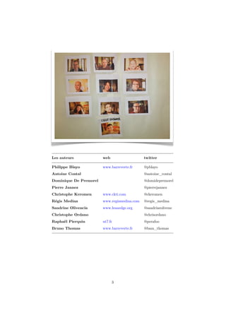 Les auteurs web twitter 
Philippe Blayo www.barreverte.fr @pblayo 
Antoine Contal @antoine_contal 
Dominique De Premorel @domidepremorel 
Pierre Jannez @pierrejannez 
Christophe Keromen www.ckti.com @ckeromen 
Régis Medina www.regismedina.com @regis_medina 
Sandrine Olivencia www.leanedge.org @sandrineolivenc 
Christophe Ordano @chrisordano 
Raphaël Pierquin ut7.fr @perafoo 
Bruno Thomas www.barreverte.fr @bam_thomas 
3 
 