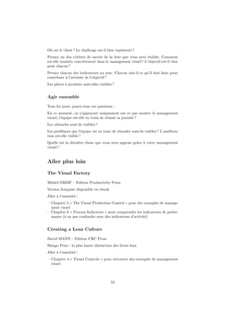 Où est le client ? Le challenge est-il bien représenté ? 
Prenez un des critères de succès de la liste que vous avez établie. Comment 
est-elle traduite concrètement dans le management visuel ? L’objectif est-il clair 
pour chacun ? 
Prenez chacun des indicateurs au mur. Chacun sait-il ce qu’il doit faire pour 
contribuer à l’atteinte de l’objectif ? 
Les pièces à produire sont-elles visibles ? 
Agir ensemble 
Tous les jours, posez-vous ces questions : 
En ce moment, en s’appuyant uniquement sur ce que montre le management 
visuel, l’équipe est-elle en train de réussir sa journée ? 
Les obstacles sont-ils visibles ? 
Les problèmes que l’équipe est en train de résoudre sont-ils visibles ? L’améliora-tion 
est-elle visible ? 
Quelle est la dernière chose que vous avez apprise grâce à votre management 
visuel ? 
Aller plus loin 
The Visual Factory 
Michel GREIF – Edition Productivity Press 
Version française disponible en ebook 
Aller à l’essentiel : 
– Chapitre 5 « The Visual Production Control » pour des exemples de manage-ment 
visuel 
– Chapitre 6 « Process Indicators » pour comprendre les indicateurs de perfor-mance 
(à ne pas confondre avec des indicateurs d’activité) 
Creating a Lean Culture 
David MANN – Edition CRC Press 
Shingo Prize : la plus haute distinction des livres lean 
Aller à l’essentiel : 
– Chapitre 4 « Visual Controls » pour retrouver des exemples de management 
visuel 
53 
 