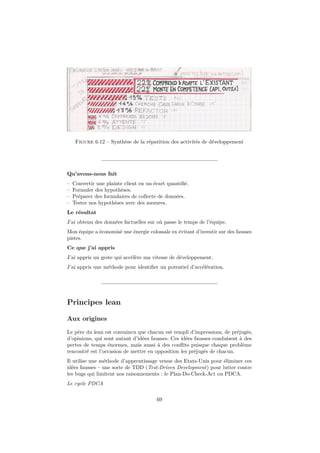 Figure 6.12 – Synthèse de la répatition des activités de développement 
Qu’avons-nous fait 
– Convertir une plainte client en un écart quantifié. 
– Formuler des hypothèses. 
– Préparer des formulaires de collecte de données. 
– Tester nos hypothèses avec des mesures. 
Le résultat 
J’ai obtenu des données factuelles sur où passe le temps de l’équipe. 
Mon équipe a économisé une énergie colossale en évitant d’investir sur des fausses 
pistes. 
Ce que j’ai appris 
J’ai appris un geste qui accélère ma vitesse de développement. 
J’ai appris une méthode pour identifier un potentiel d’accélération. 
Principes lean 
Aux origines 
Le père du lean est convaincu que chacun est rempli d’impressions, de préjugés, 
d’opinions, qui sont autant d’idées fausses. Ces idées fausses conduisent à des 
pertes de temps énormes, mais aussi à des conflits puisque chaque problème 
rencontré est l’occasion de mettre en opposition les préjugés de chacun. 
Il utilise une méthode d’apprentissage venue des Etats-Unis pour éliminer ces 
idées fausses – une sorte de TDD (Test-Driven Development) pour lutter contre 
les bugs qui limitent nos raisonnements : le Plan-Do-Check-Act ou PDCA. 
Le cycle PDCA 
69 
 