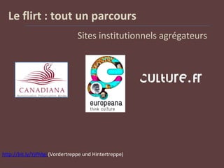 Le flirt : tout un parcours
Sites institutionnels agrégateurs
http://bit.ly/YjPMgi (Vordertreppe und Hintertreppe)
 
