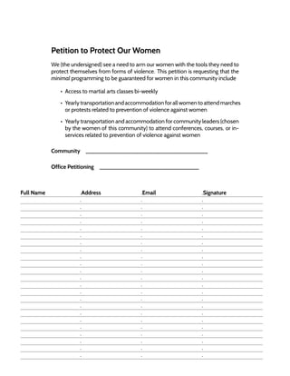 Petition to Protect Our Women
We (the undersigned) see a need to arm our women with the tools they need to
protect themselves from forms of violence. This petition is requesting that the
minimal programming to be guaranteed for women in this community include
• Access to martial arts classes bi-weekly
• Yearlytransportationandaccommodationforallwomentoattendmarches
or protests related to prevention of violence against women
• Yearly transportation and accommodation for community leaders (chosen
by the women of this community) to attend conferences, courses, or in-
services related to prevention of violence against women
Community ______________________________________
Office Petitioning _______________________________
Full Name .Address .Email .Signature
. . .
. . .
. . .
. . .
. . .
. . .
. . .
. . .
. . .
. . .
. . .
. . .
. . .
. . .
. . .
. . .
. . .
. . .
. . .
. . .
. . .
. . .
. . .
 