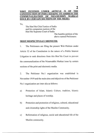 Petition filed in supreme court seeking action against media for communalizing nizamuddin markaz issue