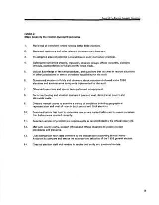 of thô Comm¡ttoe 
Exhibit 2 
Steps Takcn By the Electlon Oversight Comm¡ttss 
1. Reviewed all complaint letters relating to the 1998 etections 
2. 
a 
4. 
5 
f¡ 
7. 
8. 
Reviewed testimony and other relevant documents and llterature 
lnvestigated areas of potential vulnorabilities in audit mothods or practices. 
Listened to concerned citizens, legislators, observer groups, official watchers, elections 
officials, representatives o{ ES&S and the news media. 
Utilized knowledge of recount procedures, and questions that. occuned in recount situations 
in other jurisdìctions to assess procedures established for the ¡udit. 
Ouestioned elections officials and observers about procedures followed in the 1998 
elections and administrative safeguards implemented for the audit. 
Observed operations and special tests performed on equipment, 
Performed testlng and situation anatysis of precinct level, district level, county and 
statsw¡do lsvels. 
Ordered manual counts to examine a variety of conditions including geographical 
representat¡on and level of races in both general and OHA €lect¡ons. 
I 
10. Examined ballots first hand to determine how voters marked ballots and to assure ourselves 
that ballots wðre counted conectly. 
11. Selected samples of precincts as surprise audits as recommended by the official observers, 
12. Met w¡th county clerks, election officials and official observers to ass€ss election 
procedures and practices. 
13. Used comparison team data compiled by the independent account¡ng firm of Arthur 
Anderson to compare and assess the accuracy and reliability of the 1998 general election, 
14. Directed election staff and vendors to resolve and verify any questionable data. 
9 
 