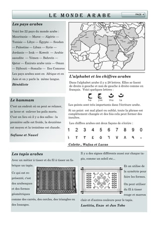 Les pays arabes
Voici les 22 pays du monde arabe :
Mauritanie — Maroc — Algérie —
Tunisie — Libye — Égypte — Soudan
— Palestine — Liban — Syrie —
Jordanie — Irak — Koweït — Arabie
saoudite — Yémen — Bahreïn —
Qatar — Émirats arabe unis — Oman
— Djibouti —Somalie — Iles Comores
Les pays arabes sont en Afrique et en
Asie et on y parle la même langue.
Bénédicte
Les tapis arabes
Avec un métier à tisser et du fil à tisser on fa-
brique un tapis.
Ce qui est re-
présenté, c'est
des arabesques
et des formes
géométriques
comme des carrés, des cercles, des triangles ou
des losanges.
L’alphabet et les chiffres arabes
Dans l'alphabet arabe il y a 28 lettres. Elles se lisent
de droite à gauche et non de gauche à droite comme en
français. Voici quelques lettres :
L e m o n d e a r a b e
Le hammam
C'est un endroit où on peut se relaxer,
se laver et enlever les poils morts.
C'est un lieu où il y a des salles : la
première salle est froide, la deuxième
est moyen et la troisième est chaude.
Sofiane et Nawel
Les points sont très importants dans l'écriture arabe.
Si un point est mal placé ou oublié, toute la phrase est
complètement changée et des fois cela peut former des
insultes.
Les chiffres arabes ont deux façons de s'écrire :
Colette , Wafaa et Lucas
Il y a des signes différents aussi sur chaque ta-
pis, comme un soleil etc...
Et on utilise de
la symétrie pour
faire les formes.
On peut utiliser
du fil à tisser
rouge et marron
clair et d’autres couleurs pour le tapis.
Laetitia, Enzo et Jan Tobo
PAGE 4
 