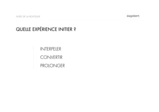 HORS DE LA BOUTIQUE




QUELLE EXPÉRIENCE INITIER ?



                      INTERPELER
                      CONVERTIR
                      PROLONGER
 