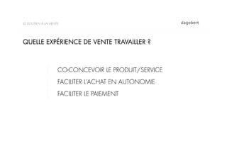 LE SOUTIEN À LA VENTE




QUELLE EXPÉRIENCE DE VENTE TRAVAILLER ?



                    CO-CONCEVOIR LE PRODUIT/SERVICE
                    FACILITER L’ACHAT EN AUTONOMIE
                    FACILITER LE PAIEMENT
 