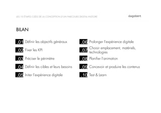LES 10 ÉTAPES CLÉES DE LA CONCEPTION D’UN PARCOURS DIGITAL INSTORE




BILAN

.01    Déﬁnir les objectifs généraux                .06    Prolonger l’expérience digitale
                                                           Choisir emplacement, matériels,
.02    Fixer les KPI                                .07    technologies

.03    Préciser le périmètre                        .08    Planiﬁer l’animation

.04    Déﬁnir les cibles et leurs besoins           .09    Concevoir et produire les contenus

.05    Initer l’expérience digitale                 .10    Test & Learn
 