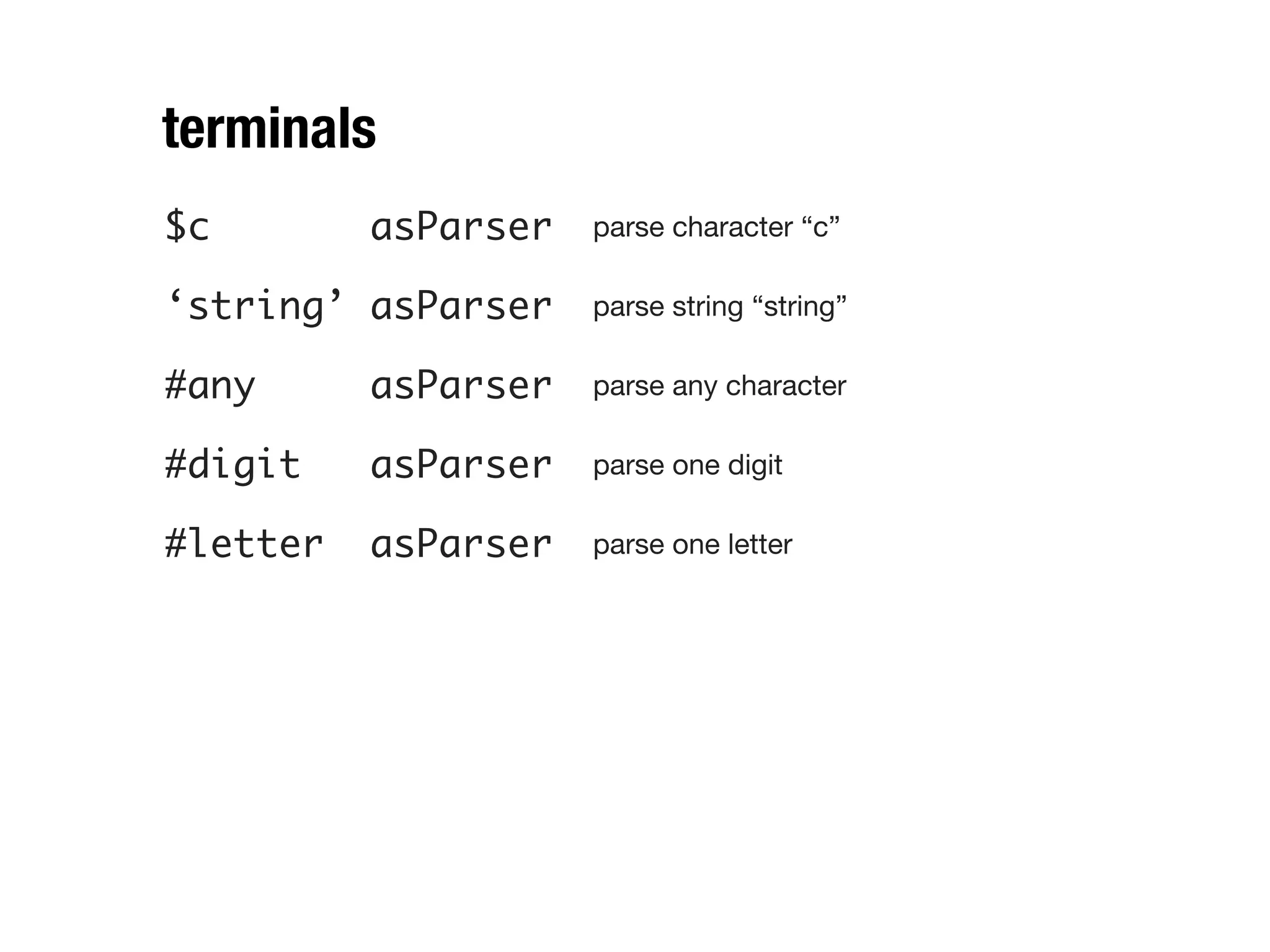terminals
$c        asParser   parse character “c”

‘string’ asParser    parse string “string”

#any      asParser   parse any character

#digit    asParser   parse one digit

#letter   asParser   parse one letter
 
