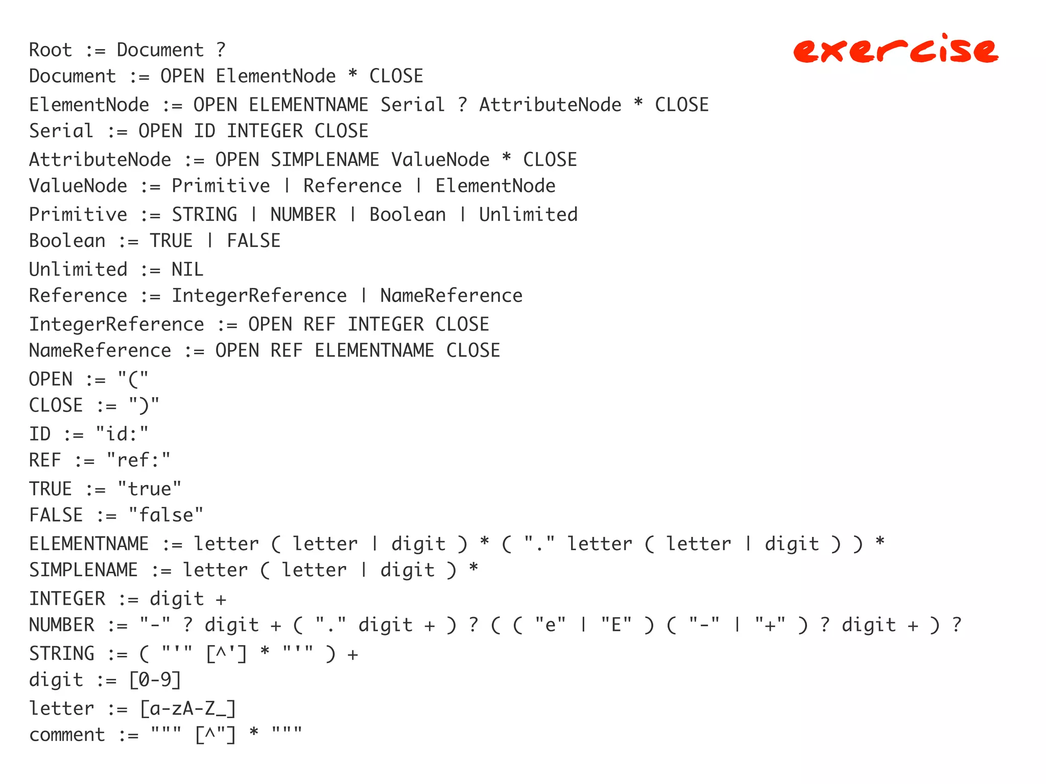 Root := Document ?
Document := OPEN ElementNode * CLOSE
                                                                     exercise
ElementNode := OPEN ELEMENTNAME Serial ? AttributeNode * CLOSE
Serial := OPEN ID INTEGER CLOSE
AttributeNode := OPEN SIMPLENAME ValueNode * CLOSE
ValueNode := Primitive | Reference | ElementNode
Primitive := STRING | NUMBER | Boolean | Unlimited
Boolean := TRUE | FALSE
Unlimited := NIL
Reference := IntegerReference | NameReference
IntegerReference := OPEN REF INTEGER CLOSE
NameReference := OPEN REF ELEMENTNAME CLOSE
OPEN := "("
CLOSE := ")"
ID := "id:"
REF := "ref:"
TRUE := "true"
FALSE := "false"
ELEMENTNAME := letter ( letter | digit ) * ( "." letter ( letter | digit ) ) *
SIMPLENAME := letter ( letter | digit ) *
INTEGER := digit +
NUMBER := "-" ? digit + ( "." digit + ) ? ( ( "e" | "E" ) ( "-" | "+" ) ? digit + ) ?
STRING := ( "'" [^'] * "'" ) +
digit := [0-9]
letter := [a-zA-Z_]
comment := """ [^"] * """
 