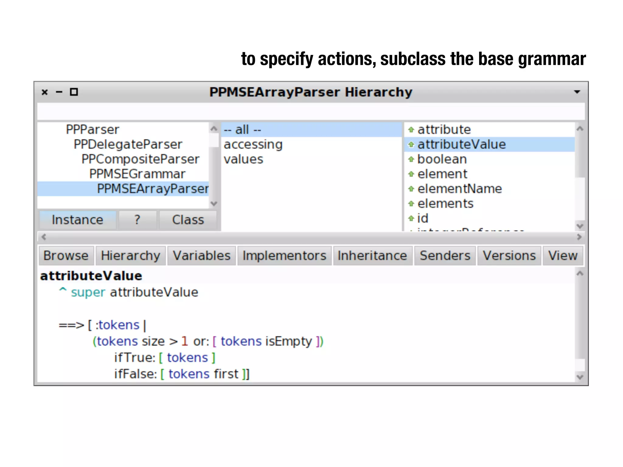 to specify actions, subclass the base grammar
 
