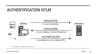 AUTHENTIFICATION NTLM
• Source: Blog de Pixis - https://beta.hackndo.com/
TITRE DE LA PRÉSENTATION 11/02/20XX 4
 