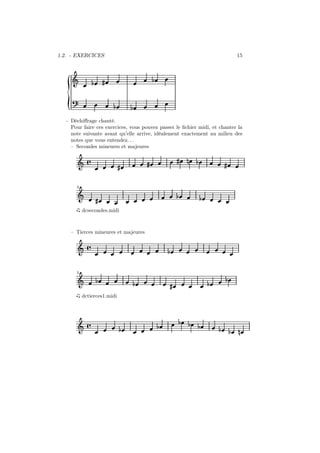 1.2. - EXERCICES

Ǒ

15

½

»

½

½

½

– Déchiﬀrage chanté.
Pour faire ces exercices, vous pouvez passer le ﬁchier midi, et chanter la
note suivante avant qu’elle arrive, idéalement exactement au milieu des
notes que vous entendez. . .
– Secondes mineures et majeures

Ǒ å

»

»

»

¼

½

»

5

Ǒ

½

»

½

dcsecondes.midi

– Tierces mineures et majeures

Ǒ å

½

5

Ǒ

½

½

½

½

»

dctierces1.midi

Ǒ å

½

½

½

½

½

½

½

¼

 