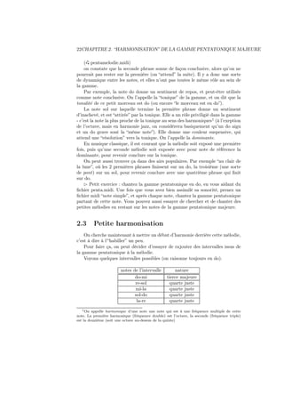 22CHAPITRE 2. “HARMONISATION” DE LA GAMME PENTATONIQUE MAJEURE
( pentamelodie.midi)
on constate que la seconde phrase sonne de façon conclusive, alors qu’on ne
pourrait pas rester sur la première (on “attend” la suite). Il y a donc une sorte
de dynamique entre les notes, et elles n’ont pas toutes le même rôle au sein de
la gamme.
Par exemple, la note do donne un sentiment de repos, et peut-être utilisée
comme note conclusive. On l’appelle la “tonique” de la gamme, et on dit que la
tonalité de ce petit morceau est do (ou encore “le morceau est en do”).
La note sol sur laquelle termine la première phrase donne un sentiment
d’inachevé, et est “attirée” par la tonique. Elle a un rôle priviligié dans la gamme
- c’est la note la plus proche de la tonique au sens des harmoniques1 (à l’exeption
de l’octave, mais en harmonie jazz, on considérera basiquement qu’un do aigu
et un do grave sont la “même note”). Elle donne une couleur suspensive, qui
attend une “résolution” vers la tonique. On l’appelle la dominante.
En musique classique, il est courant que la mélodie soit exposé une première
fois, puis qu’une seconde mélodie soit exposée avec pour note de référence la
dominante, pour revenir conclure sur la tonique.
On peut aussi trouver ça dans des airs populaires. Par exemple “au clair de
la lune”, où les 2 premières phrases ﬁnissent sur un do, la troisième (une sorte
de pont ) sur un sol, pour revenir conclure avec une quatrième phrase qui ﬁnit
sur do.
⊲ Petit exercice : chantez la gamme pentatonique en do, en vous aidant du
ﬁchier penta.midi. Une fois que vous avez bien assimilé sa sonorité, prenez un
ﬁchier midi “note simple”, et après chaque note, chantez la gamme pentatonique
partant de cette note. Vous pouvez aussi essayer de chercher et de chanter des
petites mélodies en restant sur les notes de la gamme pentatonique majeure.

2.3

Petite harmonisation

On cherche maintenant à mettre un début d’harmonie derrière cette mélodie,
c’est à dire à l’“habiller” un peu.
Pour faire ça, on peut décider d’essayer de rajouter des intervalles issus de
la gamme pentatonique à la mélodie.
Voyons quelques intervalles possibles (on raisonne toujours en do).
notes de l’intervalle
do-mi
re-sol
mi-la
sol-do
la-re

nature
tierce majeure
quarte juste
quarte juste
quarte juste
quarte juste

1 On appelle harmonique d’une note une note qui est à une fréquence multiple de cette
note. La première harmonique (fréquence double) est l’octave, la seconde (fréquence triple)
est la douzième (soit une octave au-dessus de la quinte)

 