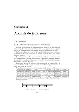 Chapitre 3

Accords de trois sons
3.1
3.1.1

Théorie
Dénomination des accords de trois sons

Le terme accord désigne en général trois notes distinctes ou plus jouées en
même temps. Par “notes distinctes” j’entends des notes qui ne sont pas séparées
par une ou plusieurs octaves. Par exemple, do-sol-do aigu n’est pas un accord. . .
En harmonie jazz, on étudie de façon préférentielle les accords constitués
d’empilements de tierces, car ce sont les accords les plus évidents pour harmoniser des gammes.
Par ailleurs, à partir du swing, on s’est mis à utiliser de moins en moins
de triades au proﬁt d’accords plus complexes. On trouvera cependant actuellement parfois des triades pour harmoniser en parallèle des mélodies (par exemple
Bey◦nd The Frame de B◦janZ).
La note sur laquelle est construite l’accord s’appelle “la fondamentale” (à
ne pas confondre avec la tonique, ni avec la basse, cf annexe), puis viennent la
tierce et la quinte de l’accord.
Nous allons donc construire tous les empilements de tierces possibles :
empilement de tierces
nom
notations
tierce
majeure puis mineure
triade majeure
rien, M, MAJ, maj majeure
mineure puis majeure
triade mineure
-, m, min
mineure
majeure puis majeure triade augmentée
#5, aug, +, +5
majeure
mineure puis mineure
triade diminuée
◦, dim
mineure
(les premières notations indiquées sont celles que j’utiliserai par la suite.)
Quelques exemples :

Ǒ

½½

½
majeur

mineur

diminue

25

¼ ¼»
augmente

quinte
juste
juste
augmentée
diminuée

 