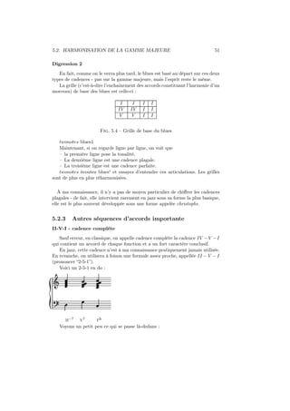 5.2. HARMONISATION DE LA GAMME MAJEURE

51

Digression 2
En fait, comme on le verra plus tard, le blues est basé au départ sur ces deux
types de cadences - pas sur la gamme majeure, mais l’esprit reste le même.
La grille (c’est-à-dire l’enchainement des accords constituant l’harmonie d’un
morceau) de base des blues est celle-ci :
I
IV
V

I
IV
V

I
I
I

I
I
I

Fig. 5.4 – Grille de base du blues
twonotes blues1
Maintenant, si on regarde ligne par ligne, on voit que
– la première ligne pose la tonalité.
– La deuxième ligne est une cadence plagale.
– La troisième ligne est une cadence parfaite.
twonotes écoutez bluesi et essayez d’entendre ces articulations. Les grilles
sont de plus en plus réharmonisées.
À ma connaissance, il n’y a pas de moyen particulier de chiﬀrer les cadences
plagales - de fait, elle intervient rarement en jazz sous sa forme la plus basique,
elle est le plus souvent développée sous une forme appelée christophe.

5.2.3

Autres séquences d’accords importante

II-V-I - cadence complète
Sauf erreur, en classique, on appelle cadence complète la cadence IV − V − I
qui contient un accord de chaque fonction et a un fort caractère conclusif.
En jazz, cette cadence n’est à ma connaissance pratiquement jamais utilisée.
En revanche, on utilisera à foison une formule assez proche, appellée II − V − I
(prononcer “2-5-1”).
Voici un 2-5-1 en do :

Ǒ

II−7

V7

I∆

Voyons un petit peu ce qui se passe là-dedans :

 