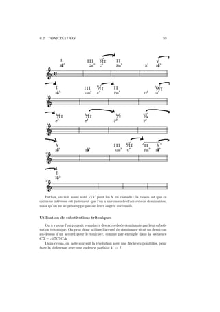 6.2. TONICISATION

59

Parfois, on voit aussi noté V /V pour les V en cascade : la raison est que ce
qui nous intéresse est justement que l’on a une cascade d’accords de dominantes,
mais qu’on ne se préocuppe pas de leurs degrés successifs.
Utilisation de substitutions tritoniques
On a vu que l’on pouvait remplacer des accords de dominante par leur substitution tritonique. On peut donc utiliser l’accord de dominante situé un demi-ton
au-dessus d’un accord pour le toniciser, comme par exemple dans la séquence
C∆ − A♭7G7C∆
Dans ce cas, on note souvent la résolution avec une ﬂêche en pointillés, pour
faire la diﬀérence avec une cadence parfaite V → I.

 