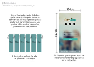 Diferenciação
Definição do diagrama de construção
A dimensão escolhida é a tela
de Iphone 4 - 320x480px
O grid é uma disposição de linhas,
guias,colunas e margens dentro do
software de produção gráfica,que visa
ajudar o designer/diagramador a or-
ganizar e hierarquizar o conteúdo
para orientar a visão do leitor.
P.S.:Tivemos que adaptar a altura da
tela (originalmente 480px) para ficar
certo no Invision
 