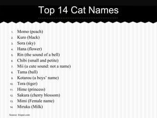 Top 14 Cat Names

 1.    Momo (peach)
 2.    Kuro (black)
 3.    Sora (sky)
 4.    Hana (flower)
 5.    Rin (the sound of a bell)
 6.    Chibi (small and petite)
 7.    Mii (a cute sound: not a name)
 8.    Tama (ball)
 9.    Kotarou (a boys’ name)
10.    Tora (tiger)
11.    Hime (princess)
12.    Sakura (cherry blossom)
13.    Mimi (Female name)
14.    Miruku (Milk)
Source: Irispet.com
 