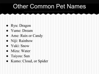 Other Common Pet Names


●   Ryu: Dragon
●   Yume: Dream
●   Ame: Rain or Candy
●   Niji: Rainbow
●   Yuki: Snow
●   Mizu: Water
●   Taiyou: Sun
●   Kumo: Cloud, or Spider
 