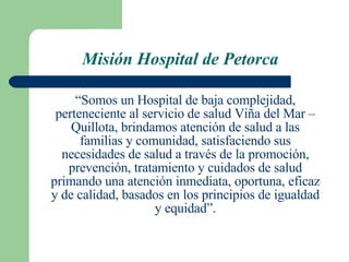 Misión Hospital de Petorca “ Somos un Hospital de baja complejidad, perteneciente al servicio de salud Viña del Mar – Quillota, brindamos atención de salud a las familias y comunidad, satisfaciendo sus necesidades de salud a través de la promoción, prevención, tratamiento y cuidados de salud primando una atención inmediata, oportuna, eficaz y de calidad, basados en los principios de igualdad y equidad”. 