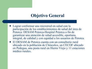 Objetivo General Lograr conformar una microrred en salud con la participación de los establecimientos de salud del área de Petorca: DESAM Petorca-Hospital Petorca a fin de garantizar una atención de salud accesible, oportuna, integral, de calidad y con equidad a los usuarios de Petorca. El DESAM de Petorca cuenta con un consultorio rural ubicado en la población de Chincolco, un CECOF ubicado en Pedegua, una posta rural en Hierro Viejo y 11 estaciones médico rurales. 
