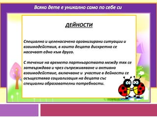 ДЕЙНОСТИ
Специално и целенасочено организирани ситуации и
взаимодействия, в които децата дискретно се
насочват едно към друго.
С течение на времето партньорството между тях се
затвърждава и чрез съпреживяване и активно
взаимодействие, включване и участие в дейности се
осъществява социализация на децата със
специални образователни потребности.
 