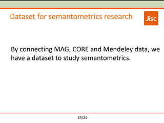 24/26
Dataset for semantometrics research
By connecting MAG, CORE and Mendeley data, we
have a dataset to study semantometrics.
 