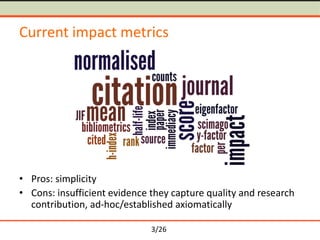 3/26
Current impact metrics
• Pros: simplicity
• Cons: insufficient evidence they capture quality and research
contribution, ad-hoc/established axiomatically
 