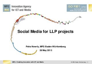 MFG - Enabling Innovation with ICT and Media
ISO 9001 certified
for innovation and
relationship management
© MFG Baden-Württemberg | 1
Social Media for LLP projects
Petra Newrly, MFG Baden-Württemberg
28 May 2013
 
