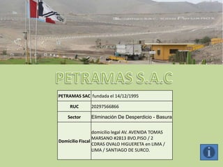 PETRAMAS SAC fundada el 14/12/1995

     RUC       20297566866

    Sector     Eliminación De Desperdicio - Basura


                 domicilio legal AV. AVENIDA TOMAS
                 MARSANO #2813 8VO.PISO / 2
Domicilio Fiscal
                 CDRAS OVALO HIGUERETA en LIMA /
                 LIMA / SANTIAGO DE SURCO.
 